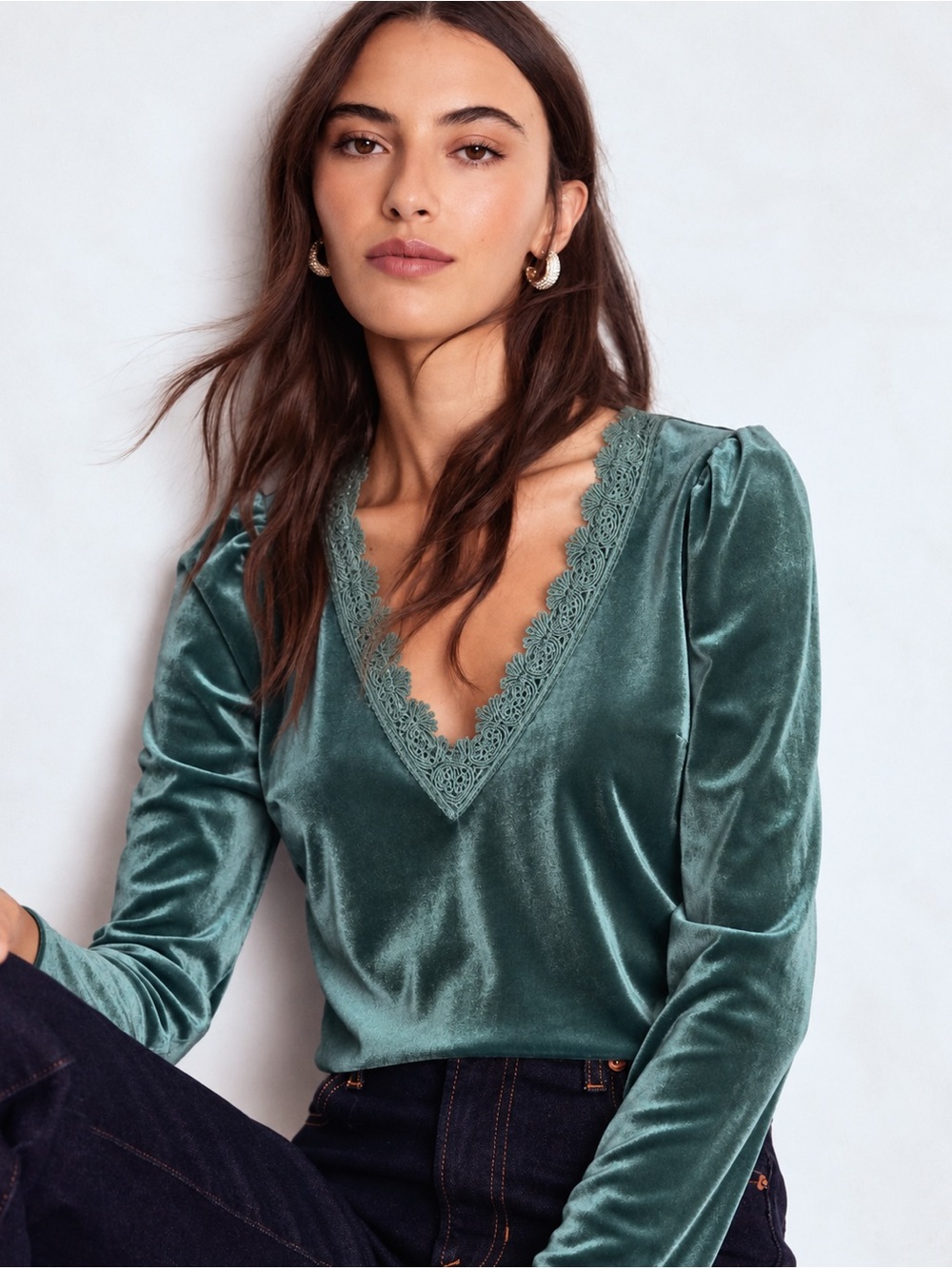Boden Teal Green Velvet Lace Trim Puff Sleeve Top Blouse Size 14
